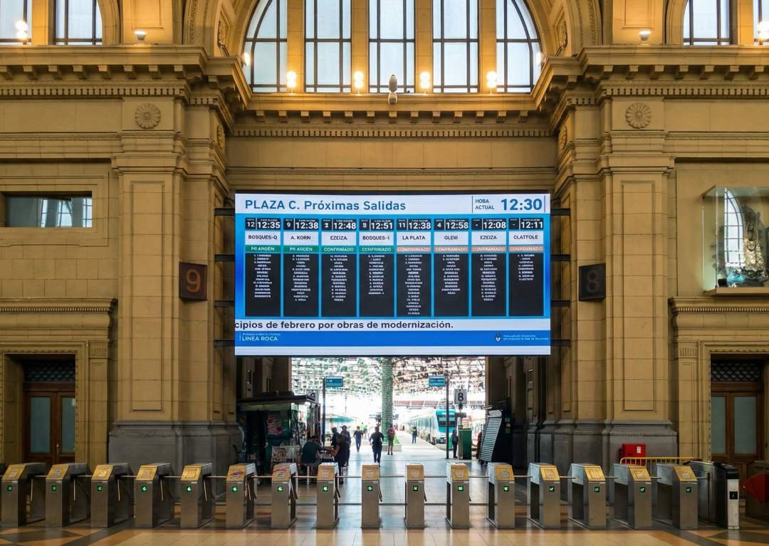 Pantalla LED Prina con horarios de salidas en Estación Constitución, Buenos Aires