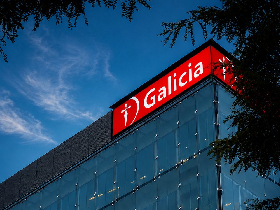 Coronamiento LED de doble cara de Banco Galicia desarrollado por Prina en Buenos Aires