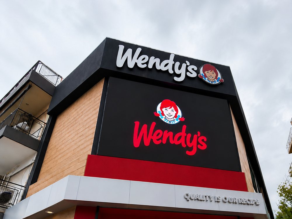 Pantalla LED integrada a la fachada de un local de Wendy's, instalada por Prina